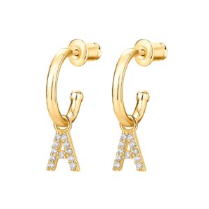 PAVOI 14K Yellow Gold Plated 925 Sterling Silver Post Huggie Earring With Initial Dangle |CZ Initial Huggie Hoop Earrings | Womens Cubic Zirconia "A" Initial Huggies