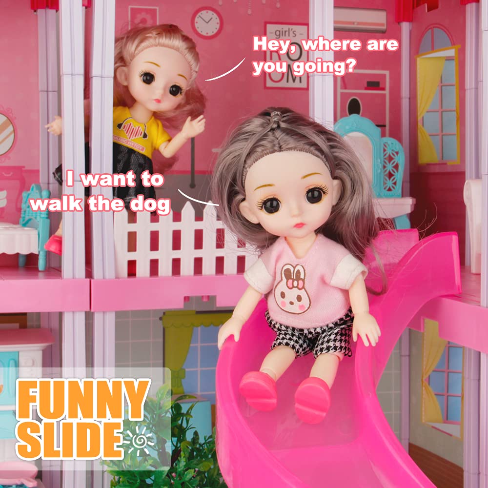 BOBXIN Dollhouse, Doll House for Indoor for Girl, Toy House with Lights, Slide and Doll, Building Playset with Acceccories & Furniture, DIY Dreamy Princess House for Toddler, Kid (11 Room)