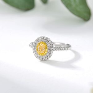 MRENITE Solid 18kt White Gold Genuine Natural Canary Yellow Diamond Ring Classic Oval Halo Cluster Engagement Ring (0.66cttw, FVY Color VVS1 Clarity 0.31ct. Center)