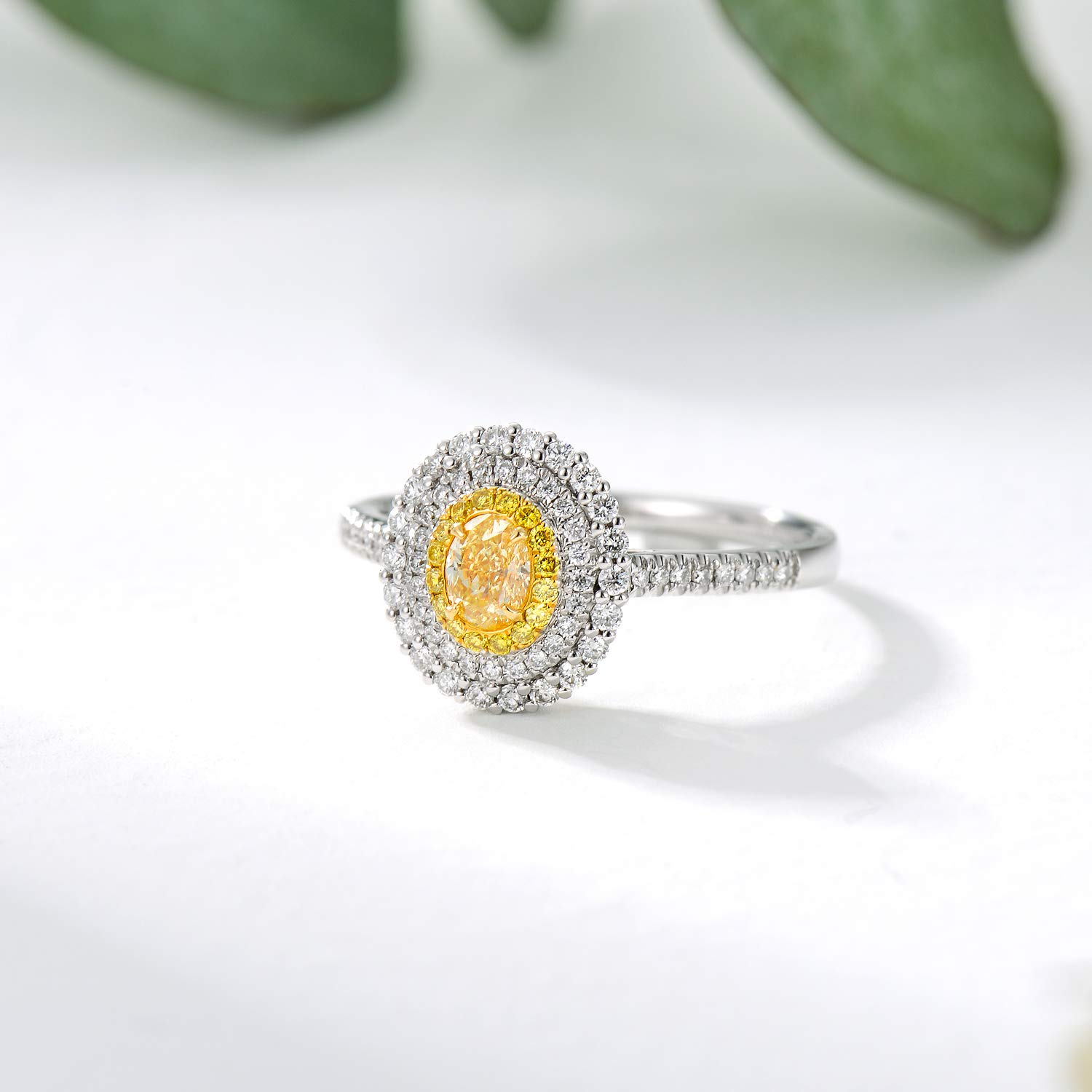 MRENITE Solid 18kt White Gold Genuine Natural Canary Yellow Diamond Ring Classic Oval Halo Cluster Engagement Ring (0.66cttw, FVY Color VVS1 Clarity 0.31ct. Center)