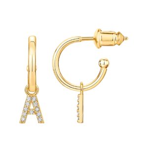 pavoi 14k yellow gold plated 925 sterling silver post huggie earring with initial dangle |cz initial huggie hoop earrings | womens cubic zirconia "a" initial huggies