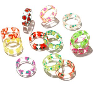 4-12 pcs resin fruit rings set colorful transparent plastic fruit rings strawberry kiwi lemon apple grape pitaya grapefruit orange watermelon cute knuckle stackable fruit rings for women teen girls,