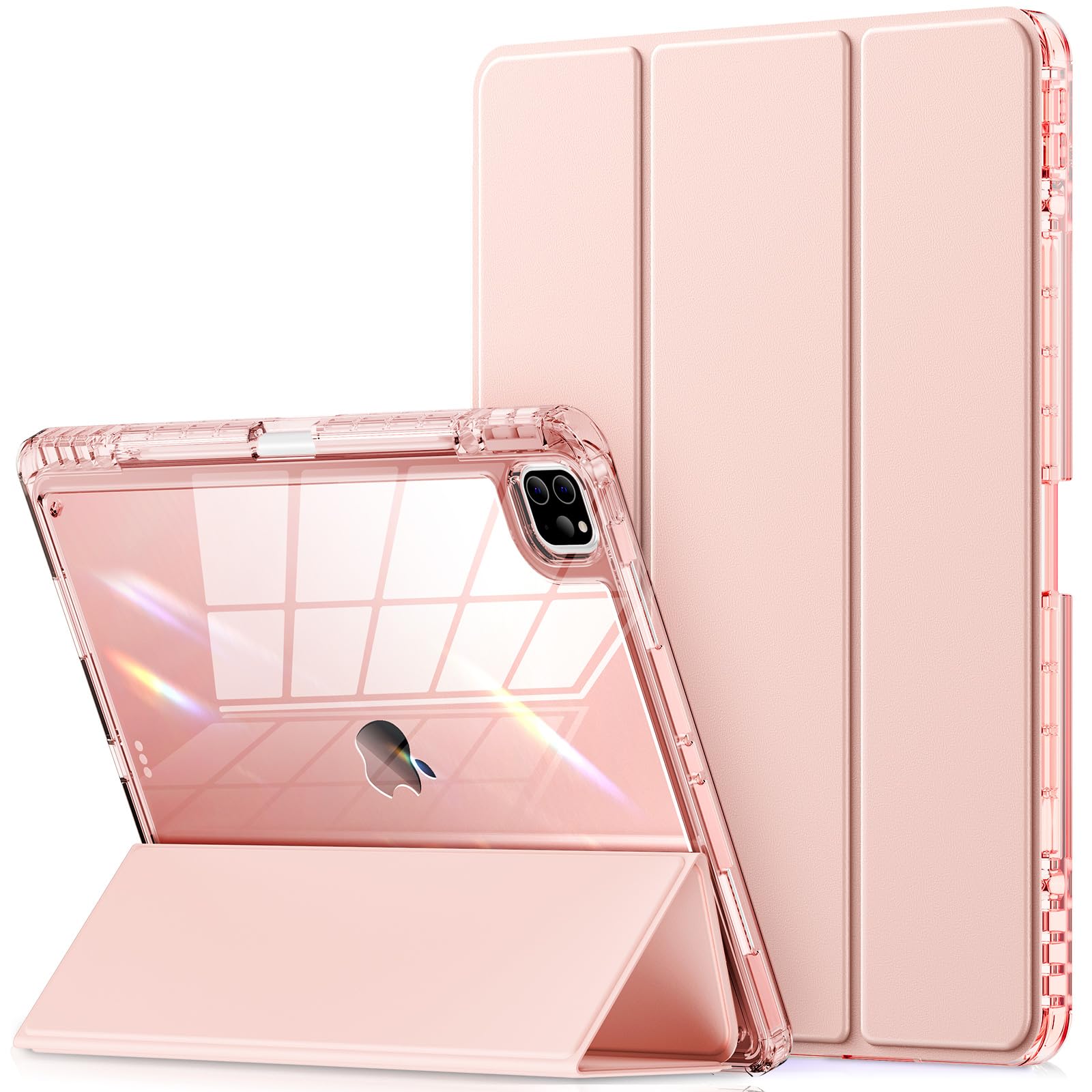 INFILAND Compatible with iPad Pro 12.9 Case 2022/2021(6th/5th Gen), [Crystal Clear Both Back & Frame] Anti-Yellowing + Pencil Holder (A2378, A2461, A2379, A2462, A2436, A2764, A2437, A2766), Rose Gold