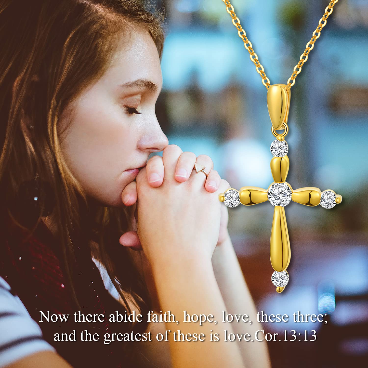 18K Yellow Gold Cross Necklace for Women, Real Gold Shiny Blessing Cross Pendant Religious Jewelry Gifts for Her, Mom, Wife, Girls, 18", Thickness 2.3mm