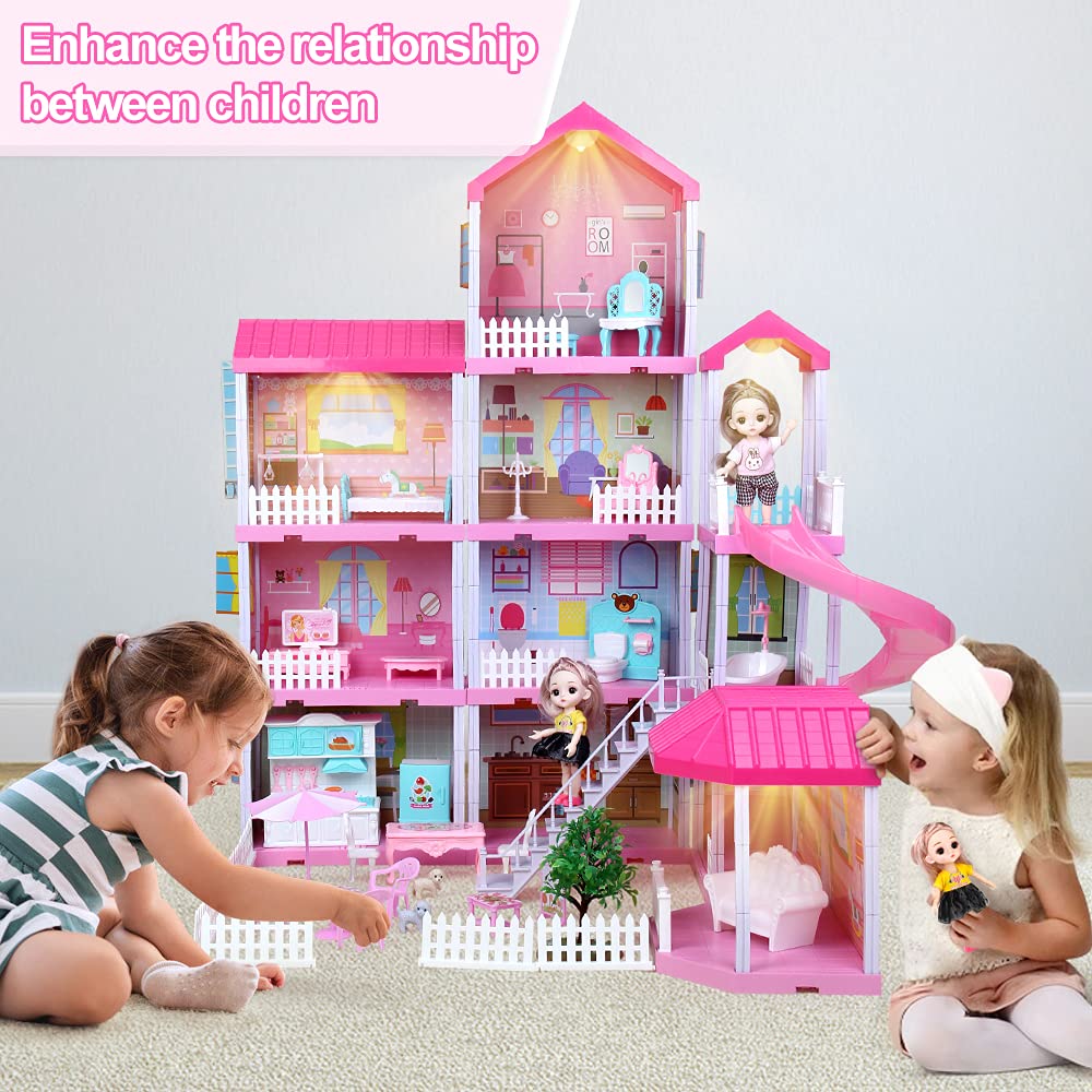 BOBXIN Dollhouse, Doll House for Indoor for Girl, Toy House with Lights, Slide and Doll, Building Playset with Acceccories & Furniture, DIY Dreamy Princess House for Toddler, Kid (11 Room)