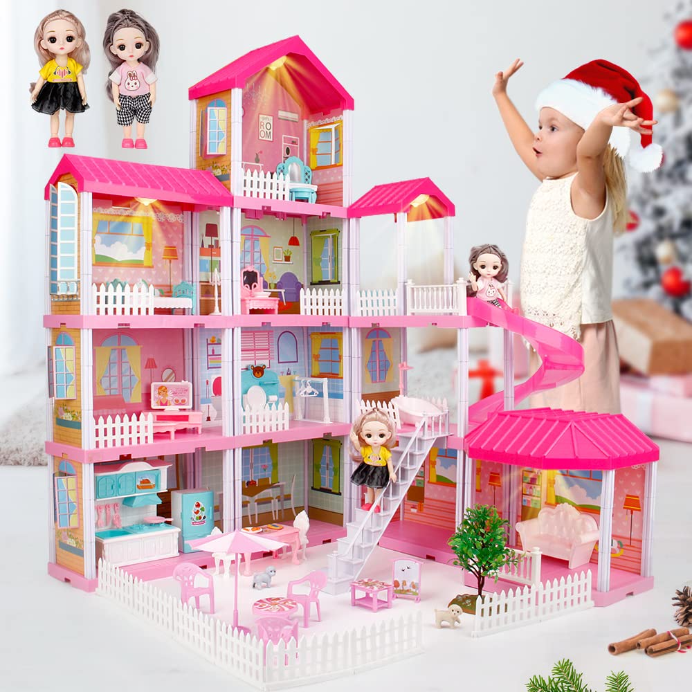 BOBXIN Dollhouse, Doll House for Indoor for Girl, Toy House with Lights, Slide and Doll, Building Playset with Acceccories & Furniture, DIY Dreamy Princess House for Toddler, Kid (11 Room)