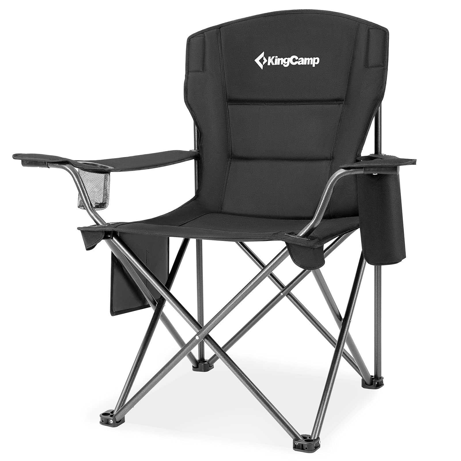 KingCamp Oversized Folding Camping Chair for Adults Portable Outdoor Lawn Heavy Duty with Cooler, Cup Holder, Side Pocket,Carry Bag, 1 Pack, Black