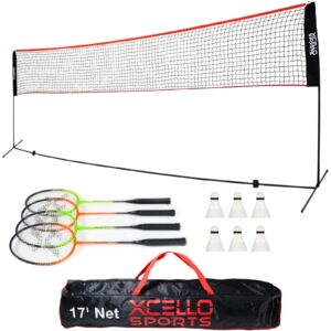 xcello sports complete badminton racket set - includes 17-foot foldable net, 4 rackets, 6 shuttlecocks, and carry bag