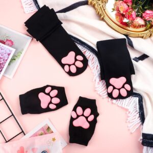 3D Cat Claw Pad Stockings and Gloves Thigh High Socks Long Gloves Silicone Claw Lolita Cat Cosplay for Girls Women (Black and Pink)