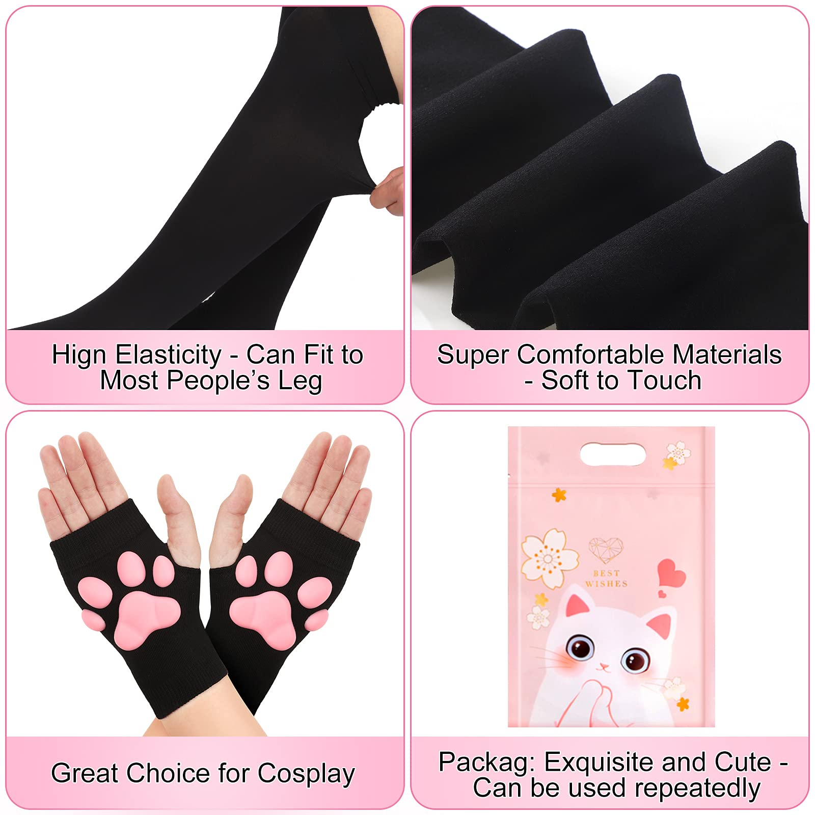 3D Cat Claw Pad Stockings and Gloves Thigh High Socks Long Gloves Silicone Claw Lolita Cat Cosplay for Girls Women (Black and Pink)