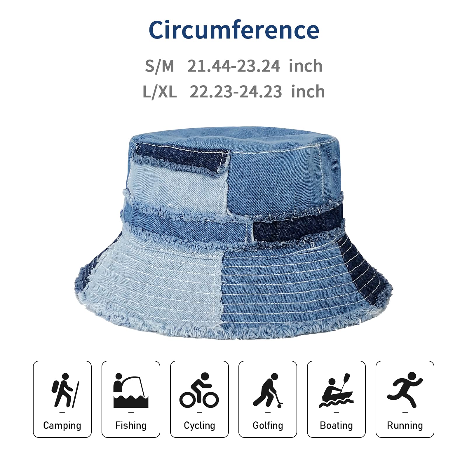 GuanGu Ripped Denim Bucket Hats for Women Washed Packable Summer Beach Sun Hats Mens Bucket Hat for Travel(Classic Denim L/XL)