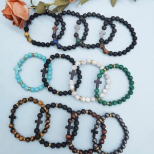 CASDAN 12Pcs Cross Beads Bracelet for Men Women 8mm Lava Tiger Eye Stone Stretch Bracelets Set