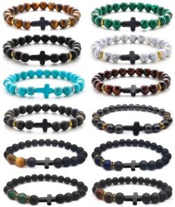 casdan 12pcs cross beads bracelet for men women 8mm lava tiger eye stone stretch bracelets set