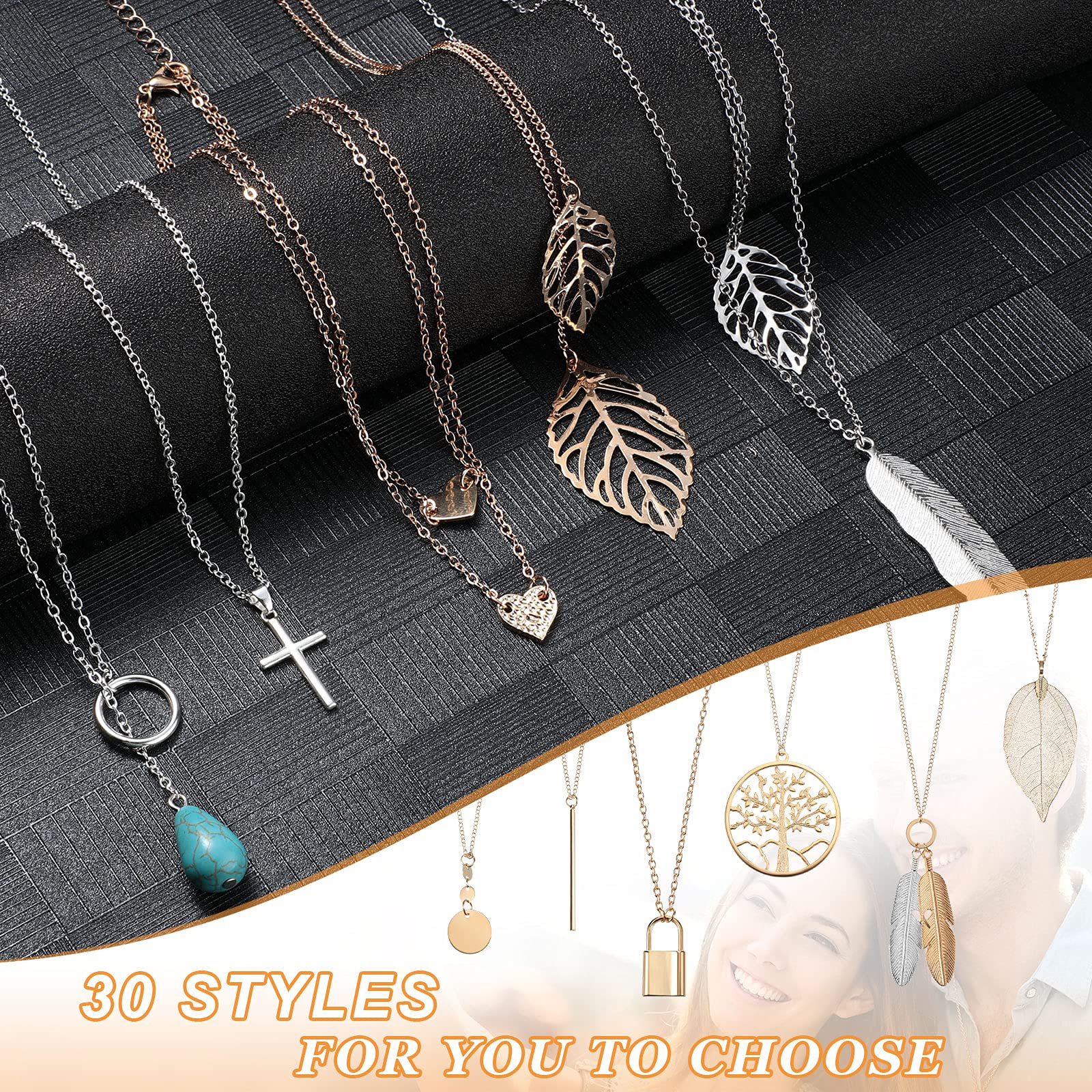 Hicarer 30 Pcs Long Pendant Necklace Set Simple Bar Layer Tassel Y Tassel Leaf Circle Bar Necklace Y-shaped Statement Sweater Necklace for Women