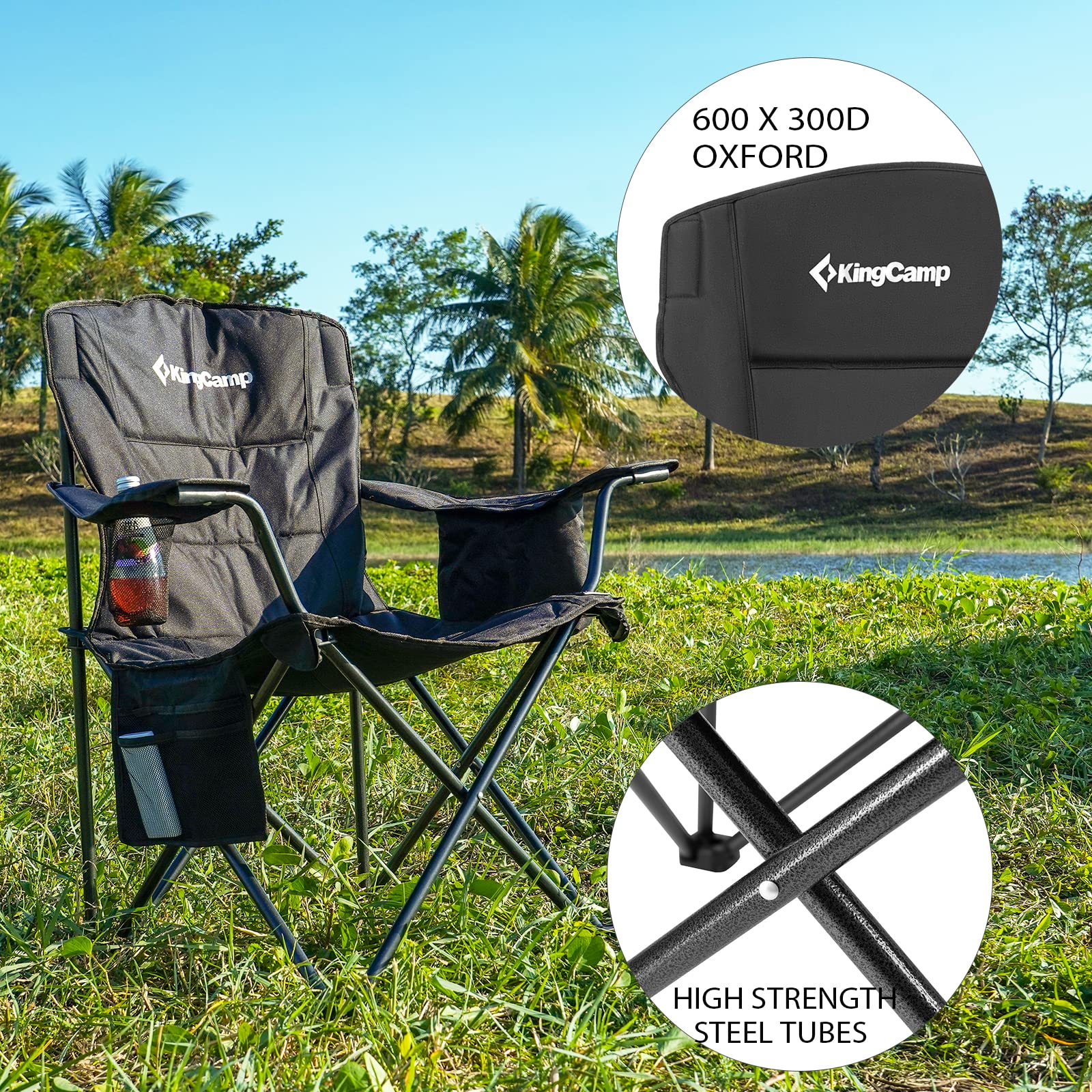 KingCamp Oversized Folding Camping Chair for Adults Portable Outdoor Lawn Heavy Duty with Cooler, Cup Holder, Side Pocket,Carry Bag, 1 Pack, Black