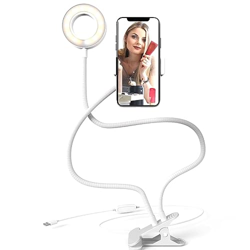 BOWER 24 Inch Clip on Desk Ring Light - Flexible Arms, 36 LED Lighting with 3 Light Modes and 10 Brightness Levels, Heavy Duty Clamp, and Built-In Phone Holder