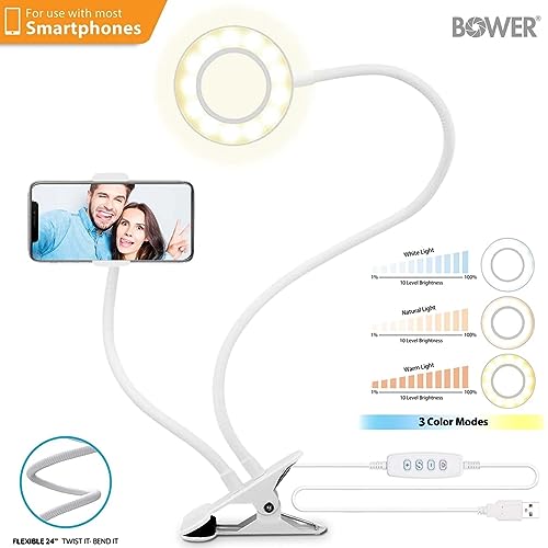 BOWER 24 Inch Clip on Desk Ring Light - Flexible Arms, 36 LED Lighting with 3 Light Modes and 10 Brightness Levels, Heavy Duty Clamp, and Built-In Phone Holder