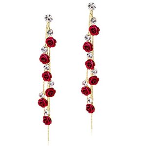 ANDPAI Unique Chic Long Tassel Chain Red Purple Rose Flower Dangle Drop Stud Earrings with White Sparkly Crystal for Women Statement Jewelry Gifts (Red)