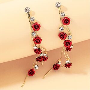 ANDPAI Unique Chic Long Tassel Chain Red Purple Rose Flower Dangle Drop Stud Earrings with White Sparkly Crystal for Women Statement Jewelry Gifts (Red)