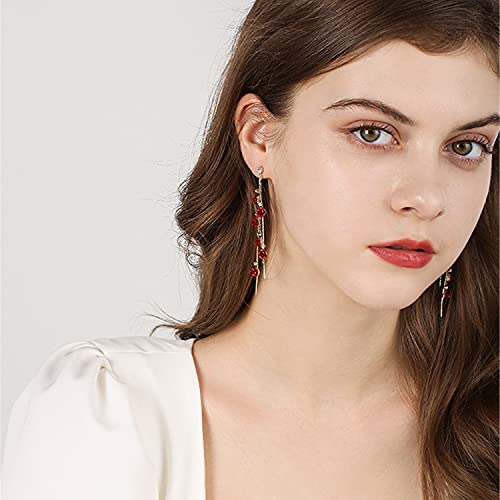 ANDPAI Unique Chic Long Tassel Chain Red Purple Rose Flower Dangle Drop Stud Earrings with White Sparkly Crystal for Women Statement Jewelry Gifts (Red)