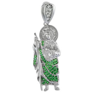 I inch Sterling Silver Micropave Green CZ St Jude Pendant for Women Baguette CZ Halo Rhodium Finish