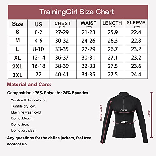 TrainingGirl Women's Sports Jacket Full Zip Workout Running Jacket Slim Fit Long Sleeve Yoga Track Jacket with Thumb Holes (Black, XX-Large, xx_l)