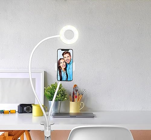 BOWER 24 Inch Clip on Desk Ring Light - Flexible Arms, 36 LED Lighting with 3 Light Modes and 10 Brightness Levels, Heavy Duty Clamp, and Built-In Phone Holder