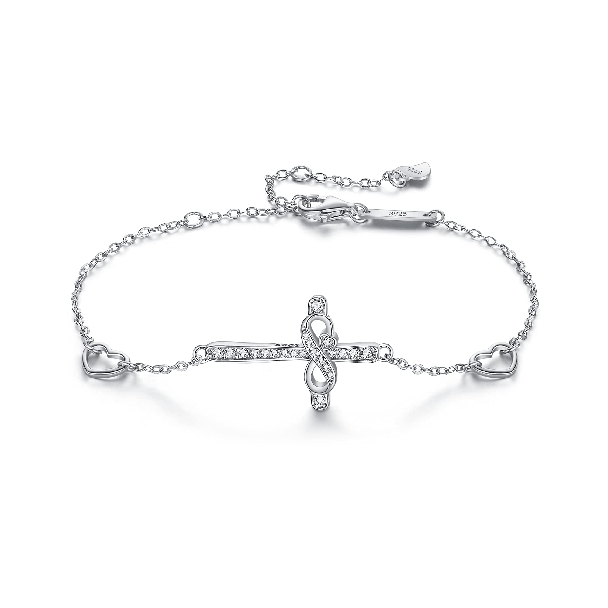 FANZE Cross Bracelet for Women 925 Sterling Silver Cubic Zirconia Good Lucky Infinity Love Heart Adjustable Link Bracelet Gift for Mother Firend