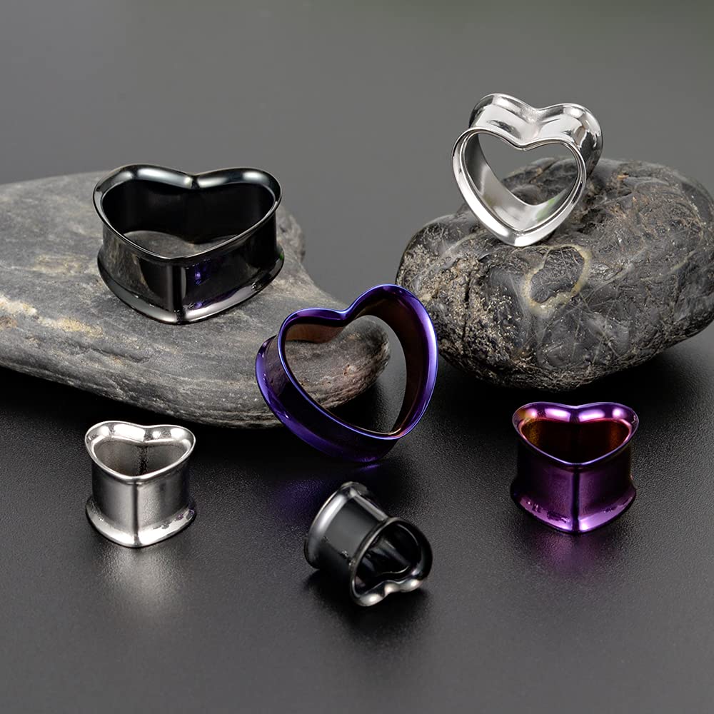 COOEAR 1 Pair Stainless Steel Gauges For Ears Heart Shape Ear Tunnels Plugs Flesh Stretchers Expander 0g to 1 Inch.