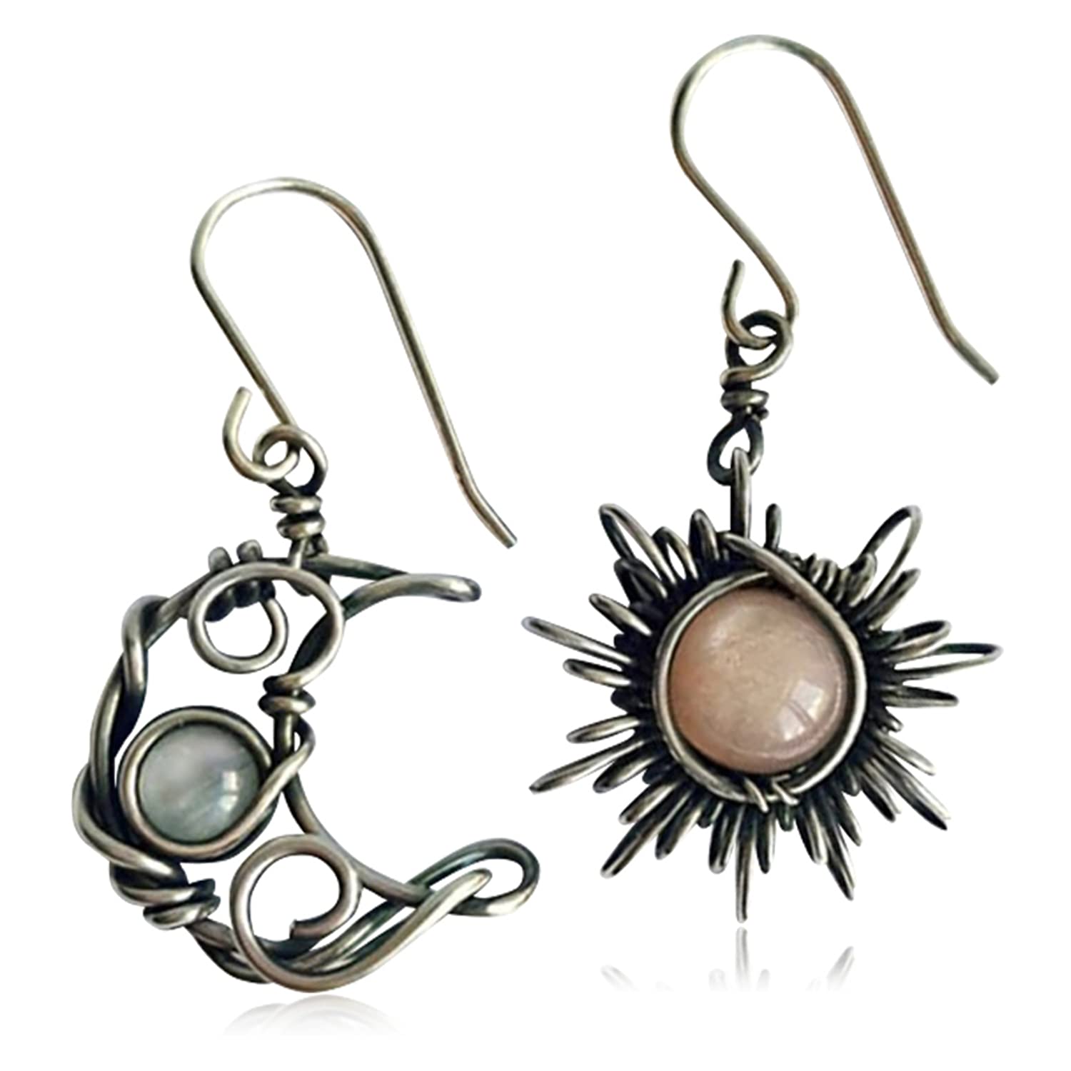 ANDPAI Unique Chic Abstract Hollow Black Vintage Silver Asymmetry Moon Star Sun Dangle Drop Earrings Black Moonstone Moon Hypoallergenic Earrings for Women Statement Jewelry Gifts (Vinatge Silver)