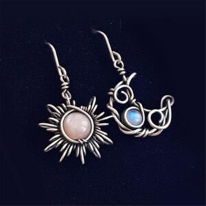 ANDPAI Unique Chic Abstract Hollow Black Vintage Silver Asymmetry Moon Star Sun Dangle Drop Earrings Black Moonstone Moon Hypoallergenic Earrings for Women Statement Jewelry Gifts (Vinatge Silver)