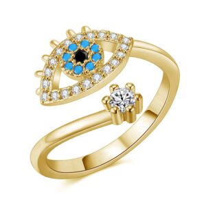 sarineer womens blue evil eye cz stone adjustable 18k gold plated open rings