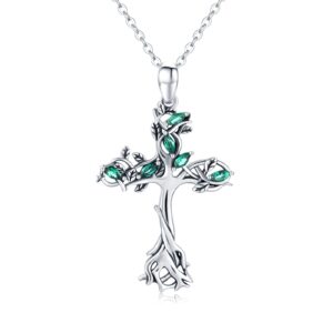 aututer celtic cross necklace charm sterling silver tree of life crucifix pendant family tree of life cross necklace for women emerald celtic cross necklace family