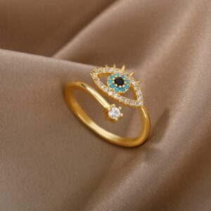 Sarineer Womens Blue Evil Eye CZ Stone Adjustable 18K Gold Plated Open Rings