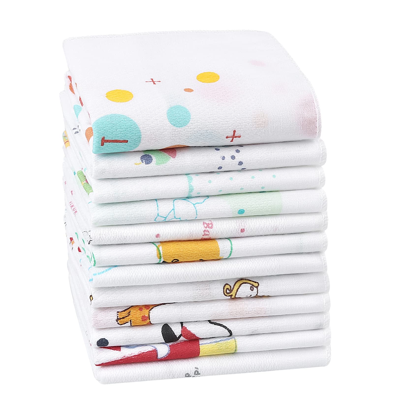 HOULIFE Kids Cotton Handkerchiefs, 100% Soft Handkerchieves Cartoon Printing Small Cute Hankies for Children Girls Boys 12PCS