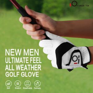 FINGER TEN Golf Gloves Men Left Hand Right with Ball Marker Pack, Mens Leather Golf Glove All Weather Grip, Fit Size Small Medium ML Large XL (White(Men Gloves), Medium(Worn On Left Hand))