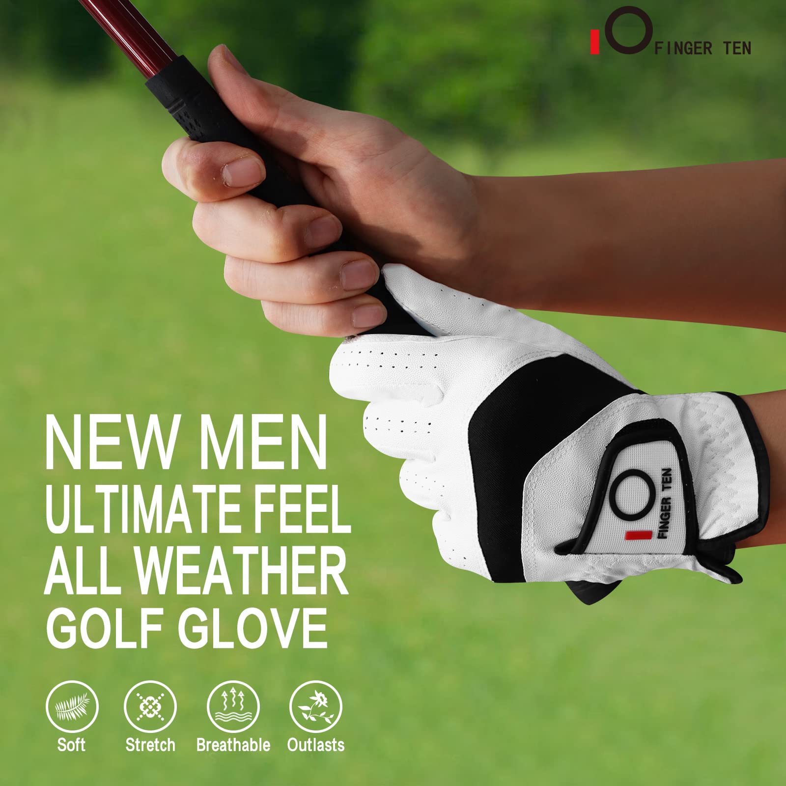 FINGER TEN Golf Gloves Men Left Hand Right with Ball Marker Pack, Mens Leather Golf Glove All Weather Grip, Fit Size Small Medium ML Large XL (White(Men Gloves), Medium(Worn On Left Hand))