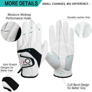 FINGER TEN Golf Gloves Men Left Hand Right with Ball Marker Pack, Mens Leather Golf Glove All Weather Grip, Fit Size Small Medium ML Large XL (White(Men Gloves), Medium(Worn On Left Hand))