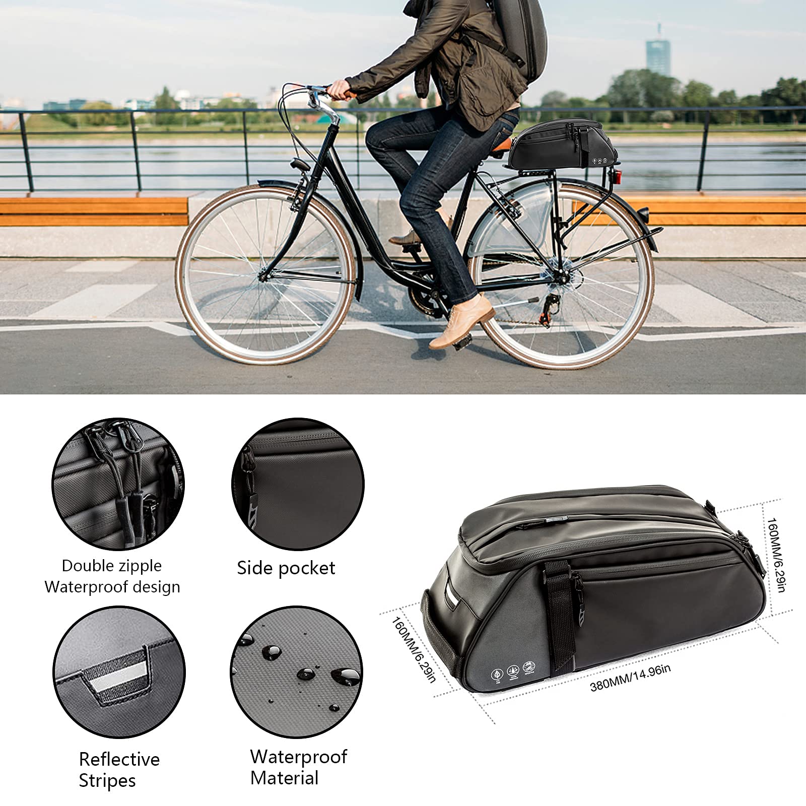 ZIMFANQI Bike Rear Bag Reflective,Water Resistant Bicycle Pannier Rack Bag Cargo Trunk Storage Cycling Carrier Chest Bag,8L Capacity with Multi Pocket Taillight Loop,Shoulder Strap for Outdoor