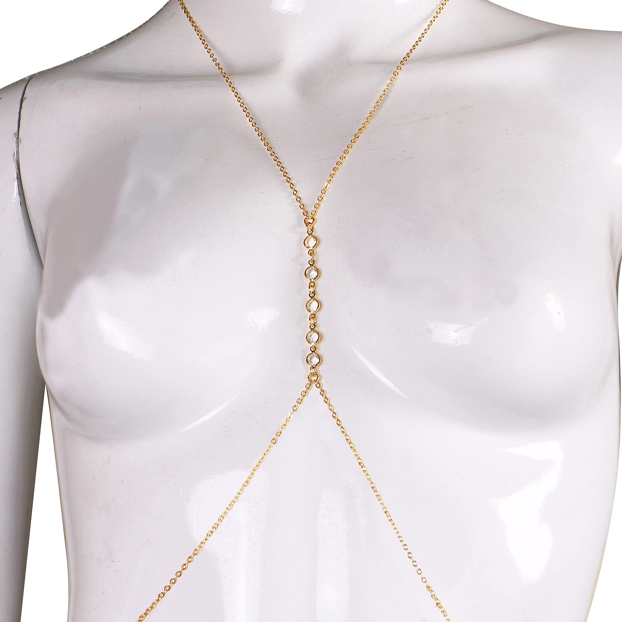 Gold Body Necklace for Women, Sexy Bikini Chain Body Necklace,(Clear Crystal）