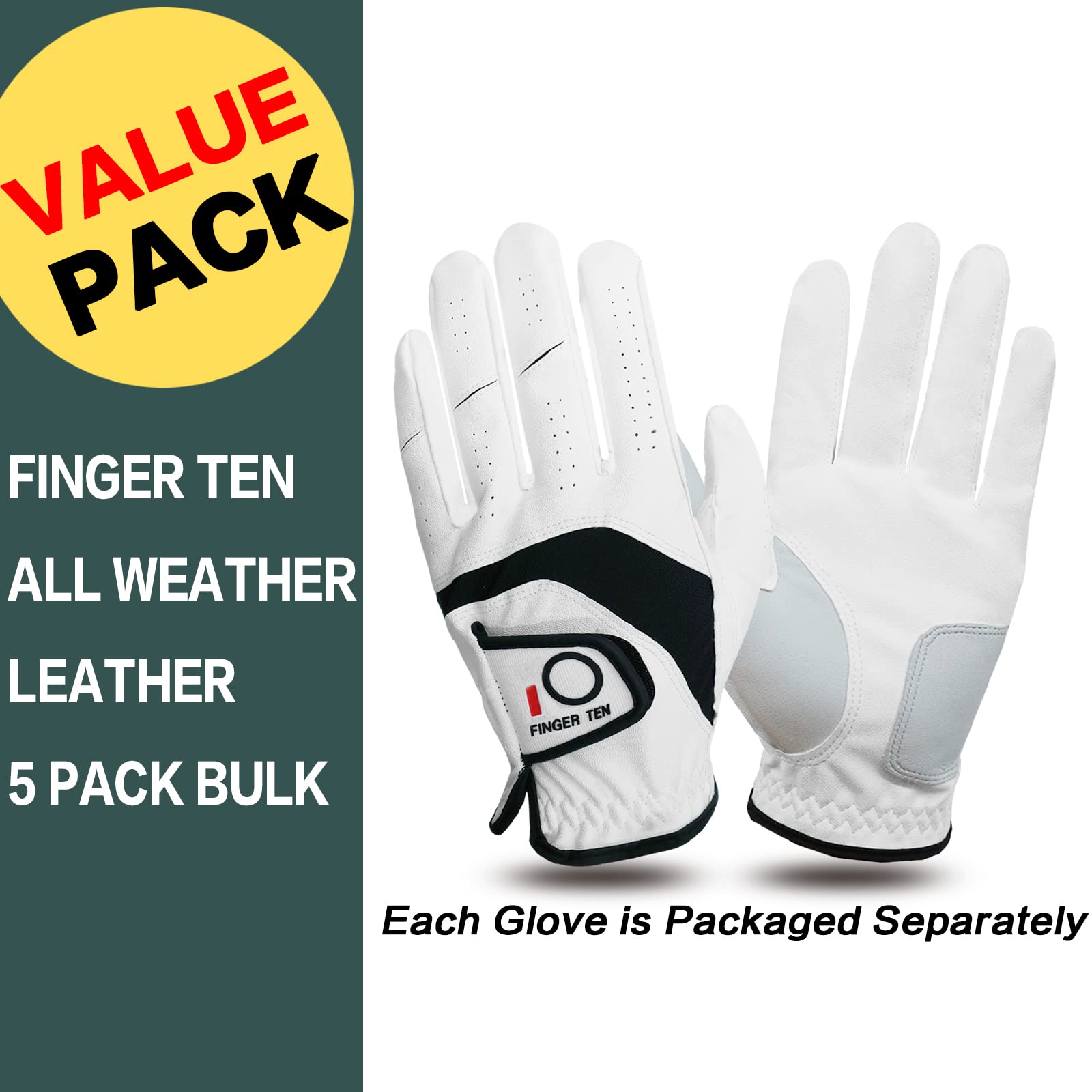 FINGER TEN Golf Gloves Men Left Hand Right with Ball Marker Pack, Mens Leather Golf Glove All Weather Grip, Fit Size Small Medium ML Large XL (White(Men Gloves), Medium(Worn On Left Hand))