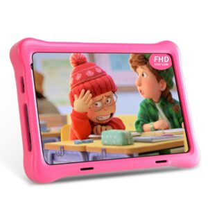 hyjoy 8 inch kids tablet android 10 tablet pc, 4000mah battery, lcd ips fhd display, wifi, bluetooth, dual camera, educational, parental control, kidoz installed with kids-tablet case (pink)