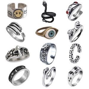 xhbts 12 pcs frog ring set for women men, vintage snake/evil eye/mushroom/cry/smiley face/hug/moon star sun statement rings cute animal open rings pack