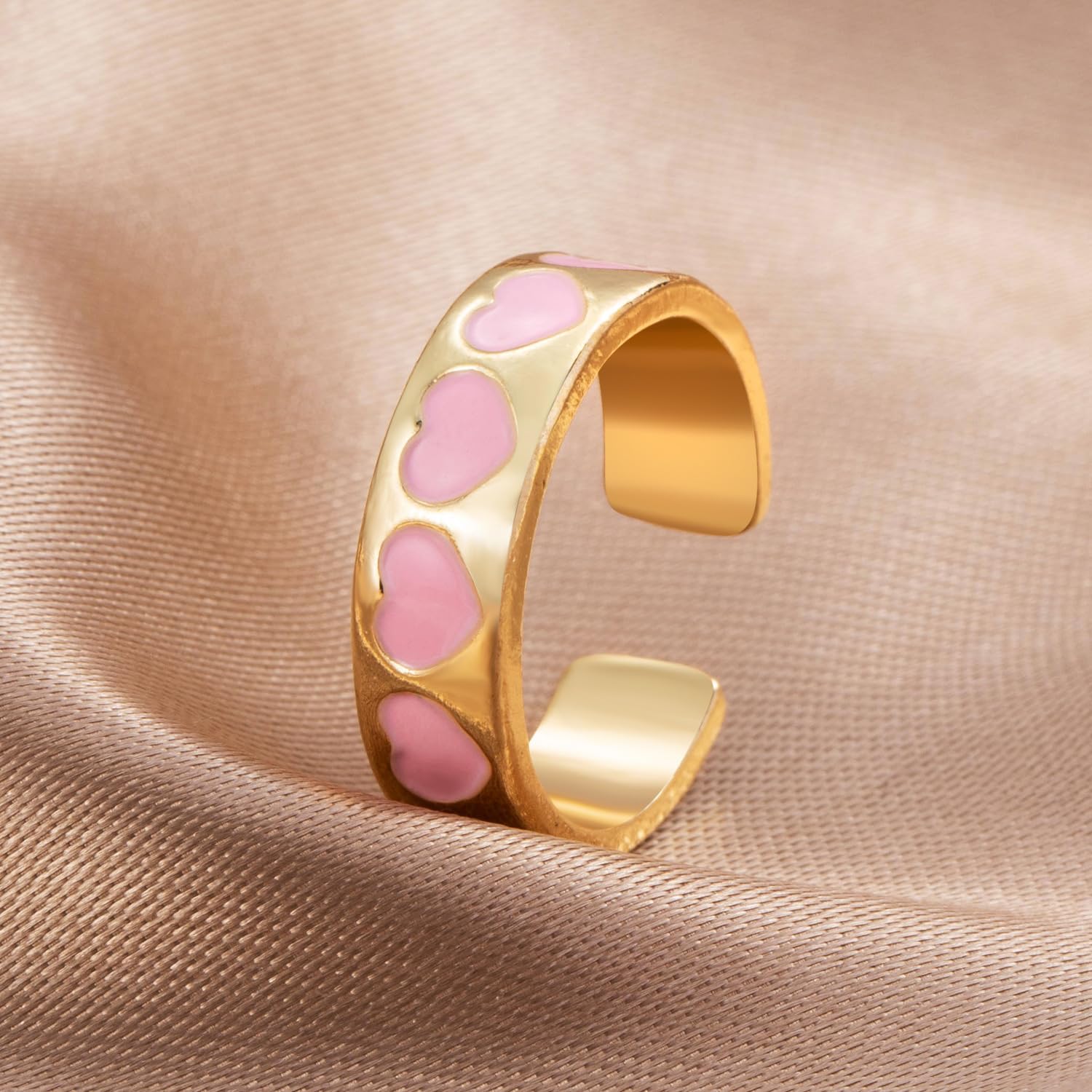 Caiyao 2 Pcs Colorful Enamel Cute Sweet Heart Plain Stackable Finger Ring Gold Band Rings Set Friendship Wedding Valentine's Day Festival Jewelry for Women Teens-7 Pink