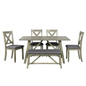 Actual Solid Wood Kitchen Dining Room Set for Dining Kitchen Room, 6 Piece Dining Table Set Dining Table and Chair, 1 Bench and 4 Chairs, Rustic Style, Grey, Dining table: 60 x 36 x 29.9 inches