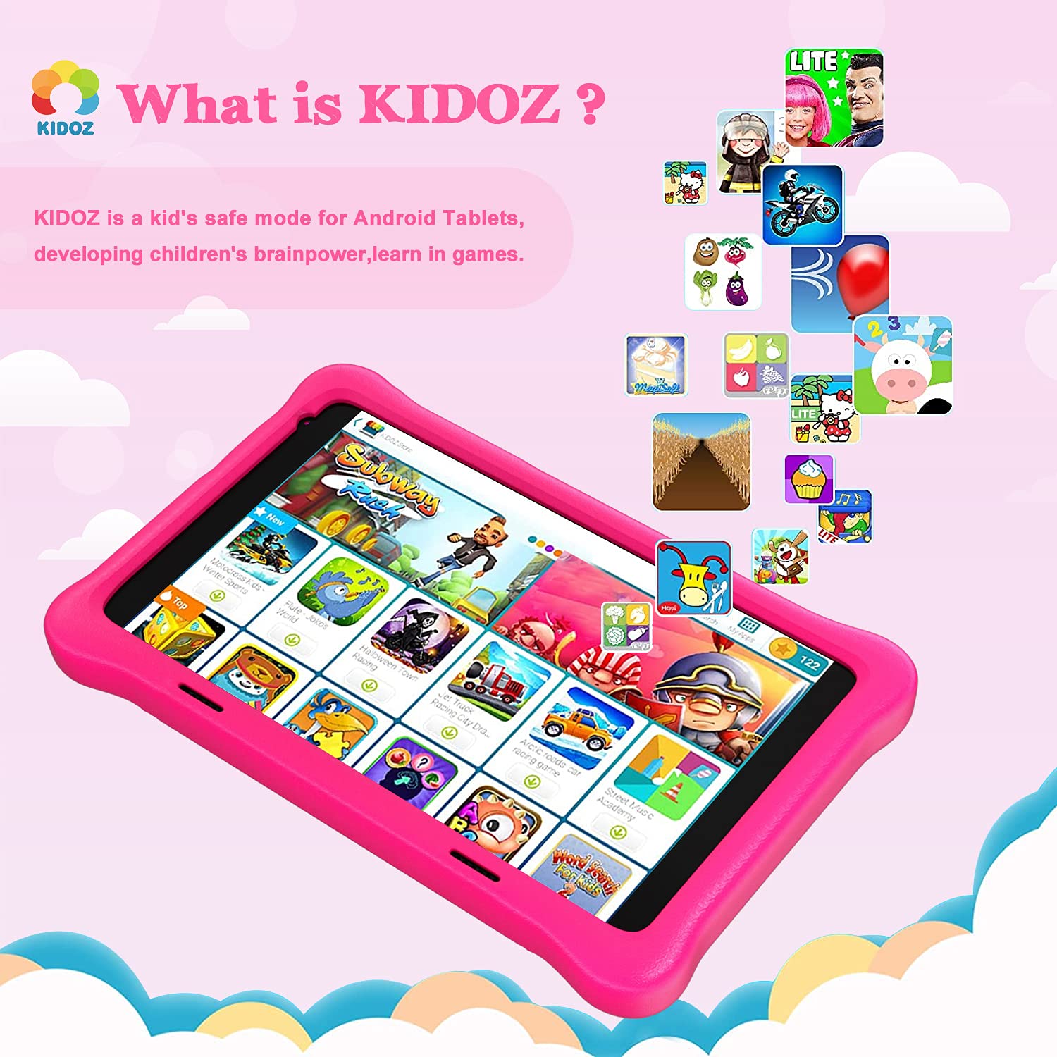 Hyjoy 8 inch Kids Tablet Android 10 Tablet PC, 4000mAh Battery, LCD IPS FHD Display, WiFi, Bluetooth, Dual Camera, Educational, Parental Control, Kidoz Installed with Kids-Tablet Case (Pink)