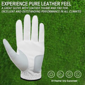 FINGER TEN Golf Gloves Men Left Hand Right with Ball Marker Pack, Mens Leather Golf Glove All Weather Grip, Fit Size Small Medium ML Large XL (White(Men Gloves), Medium(Worn On Left Hand))