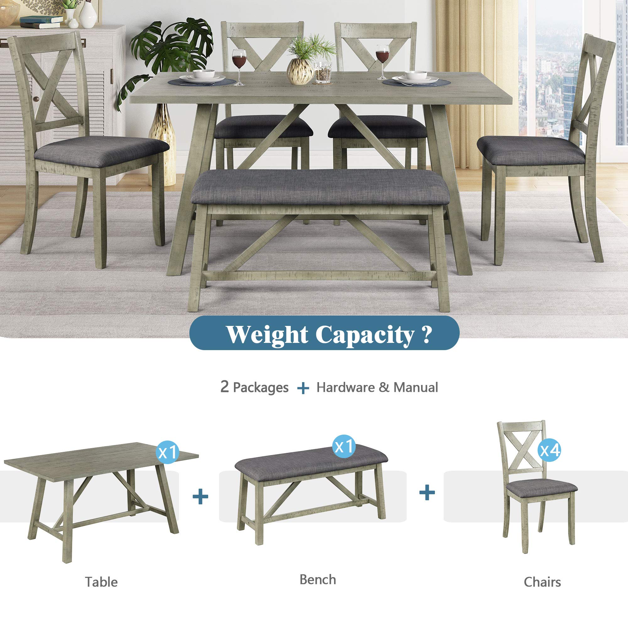 Actual Solid Wood Kitchen Dining Room Set for Dining Kitchen Room, 6 Piece Dining Table Set Dining Table and Chair, 1 Bench and 4 Chairs, Rustic Style, Grey, Dining table: 60 x 36 x 29.9 inches