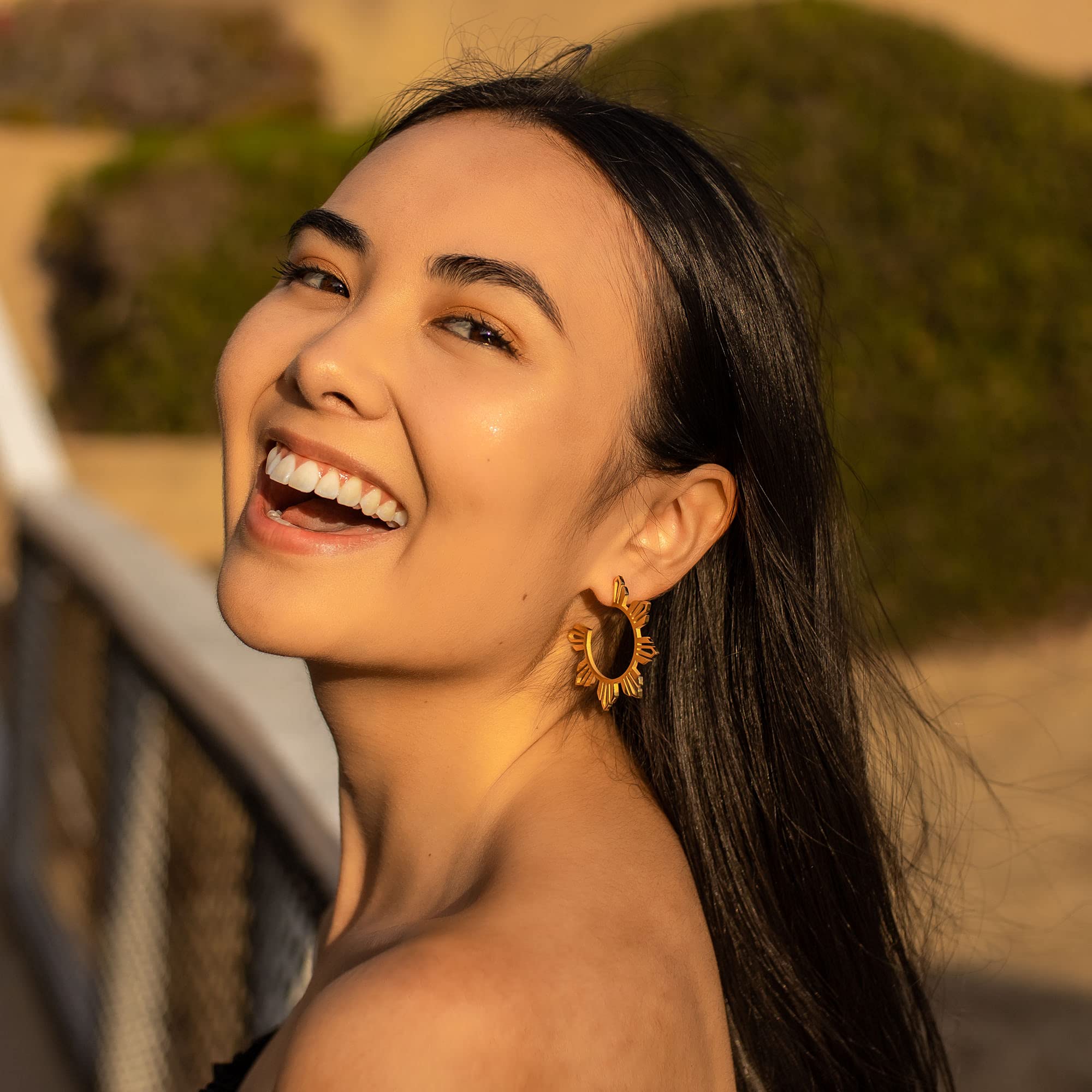 Philippines Sun Hoop earrings, Pinoy Pride jewelry, (Gold Open Hoop)