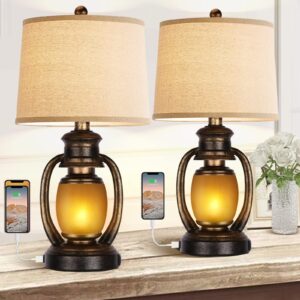 Set of 2 Rustic Living Room with 2 USB Port and Outlet,Farmhouse Table Bedside Lamps for Bedroom,Vintage Cottage Nightstand Lamps with Nightlight Miner Lantern